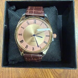 Elegant Brown Leather Strap Watch with Gold Dial